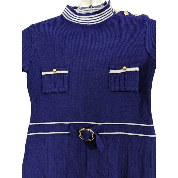 Vintage Knit Sailor Dress Girls Size 5 Navy Blue White Nautical Pocket Mock Neck - Picture 2 of 4